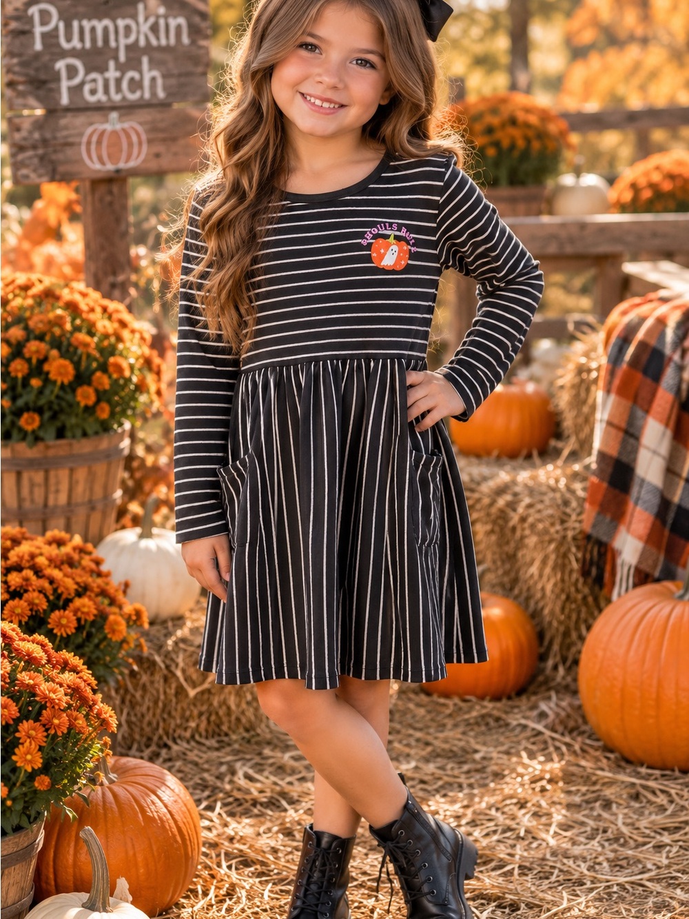 Cat & Jack Girls Black Stripe Long-Sleeve Pocket Dress - Pumpkin Patch Graphic